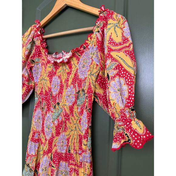 EUC Rhode Resort Eva Smocked Floral Puff Sleeve Maxi Cotton Red Dress Size Small - Picture 3 of 8